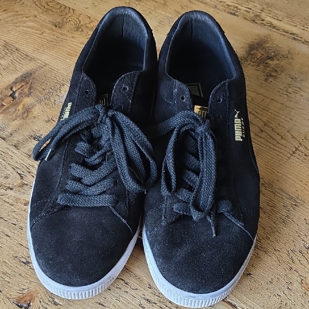 Puma Black Suede Sneakers with Gold Accents